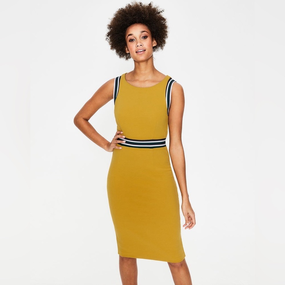 Boden Mustard Midi Dress with Navy Accents